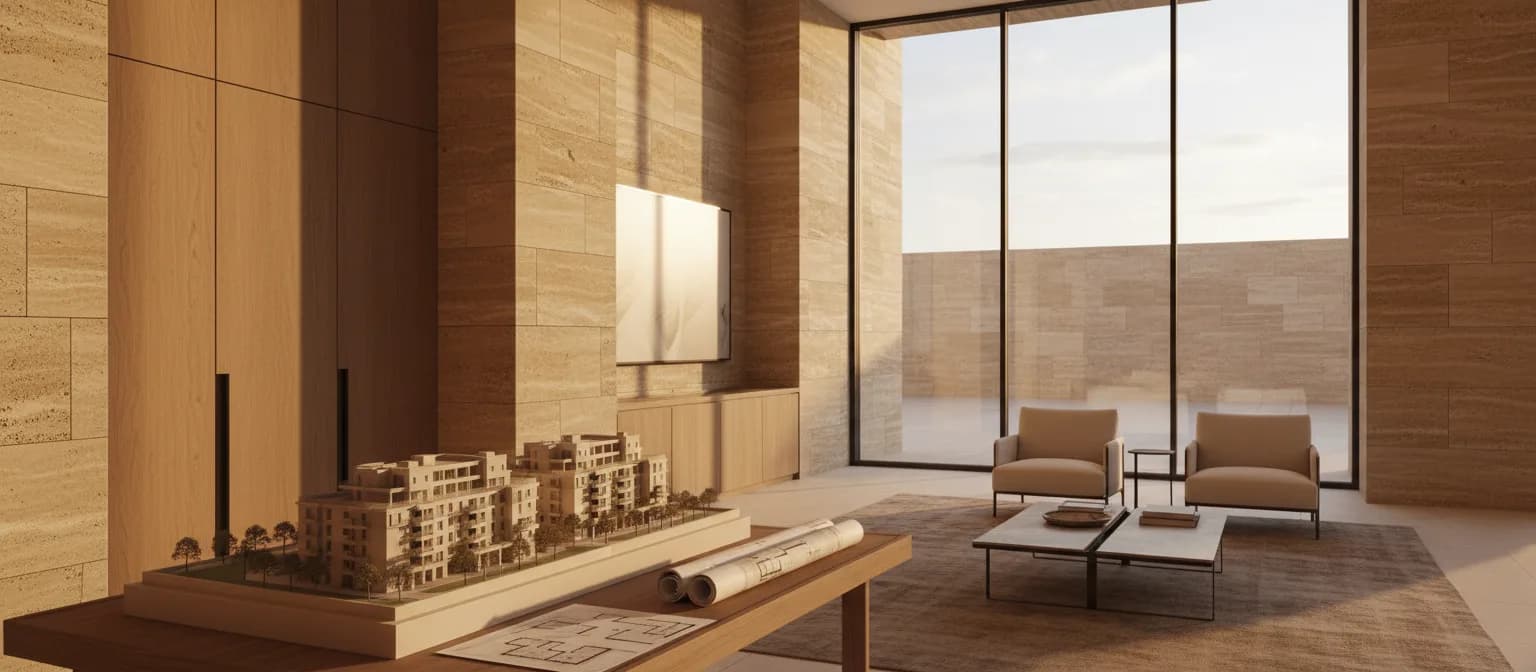Intérieur d'un espace de vente immobilier contemporain au Maroc, pierre calcaire claire, bois naturel et lumière du jour, avec une maquette architecturale et des plans sur une table.